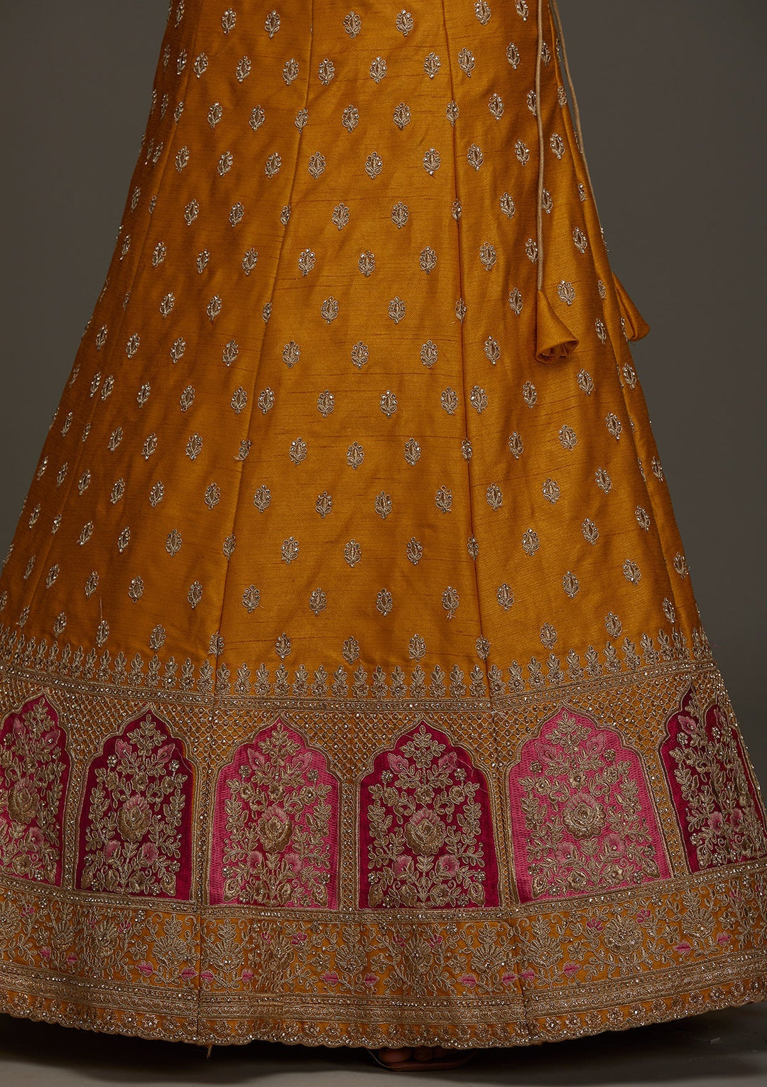 Mustard Zariwork Raw Silk Designer Semi-Stitched Lehenga - Koskii
