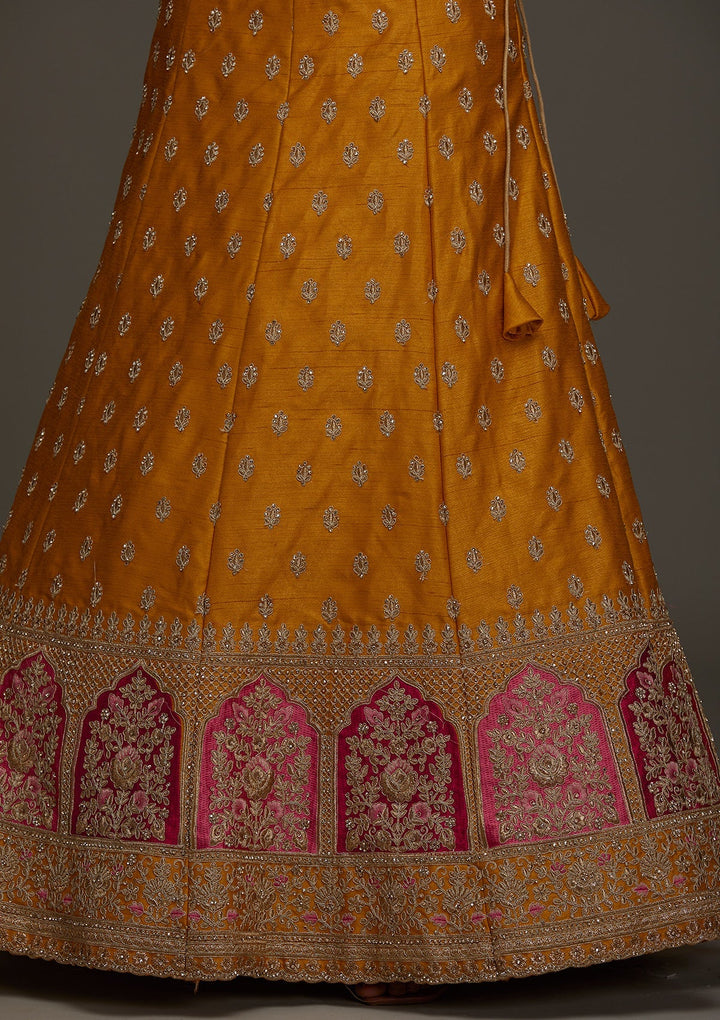 Mustard Zariwork Raw Silk Designer Semi-Stitched Lehenga - Koskii