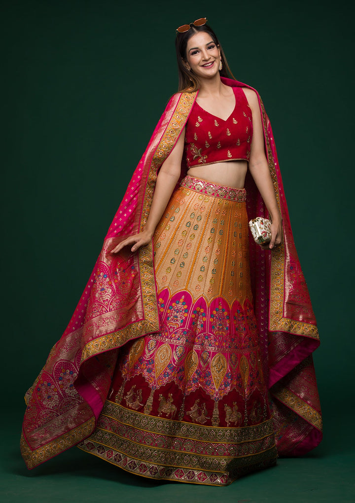 Mustard Zariwork Raw Silk Lehenga-koskii