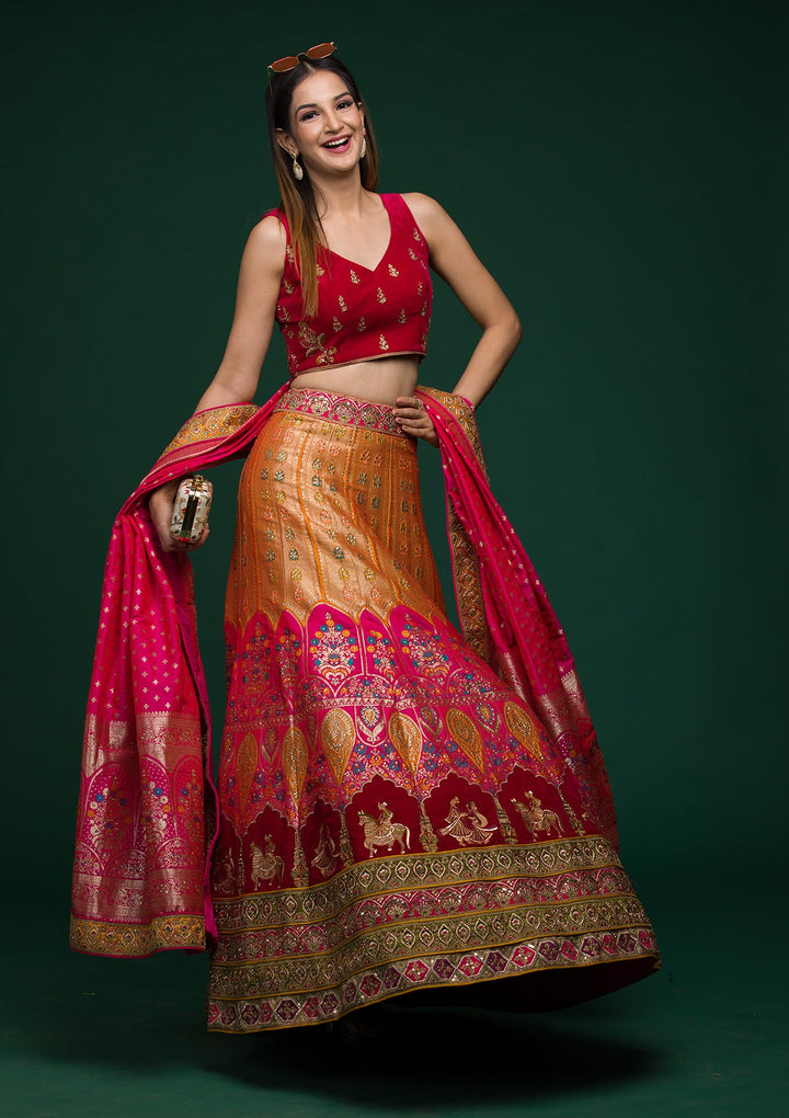 Mustard Zariwork Raw Silk Lehenga-koskii