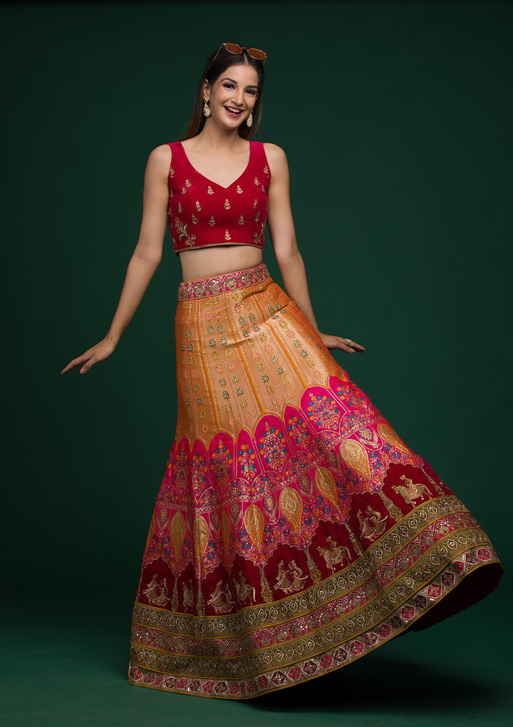 Mustard Zariwork Raw Silk Lehenga-koskii