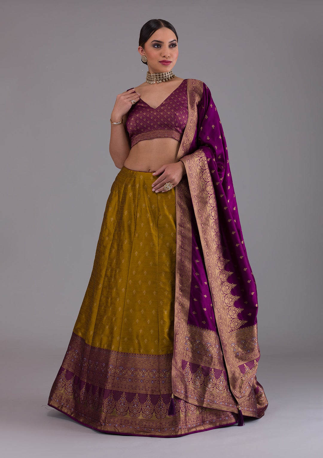 Mustard Zariwork Raw Silk Designer Lehenga-Koskii