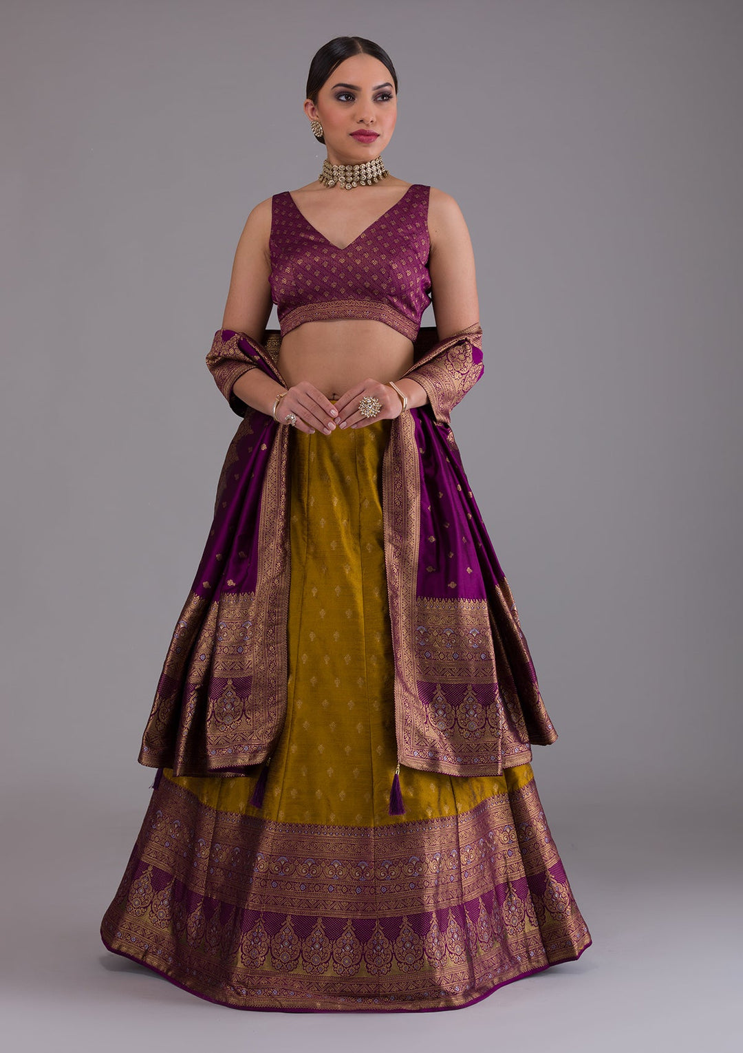 Mustard Zariwork Raw Silk Designer Lehenga-Koskii