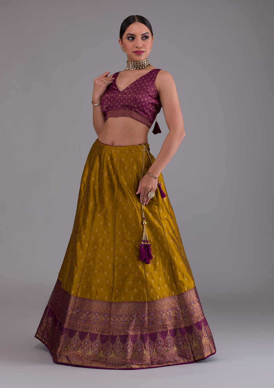 Mustard Zariwork Raw Silk Designer Lehenga-Koskii
