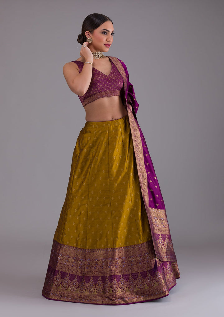 Mustard Zariwork Raw Silk Designer Lehenga-Koskii