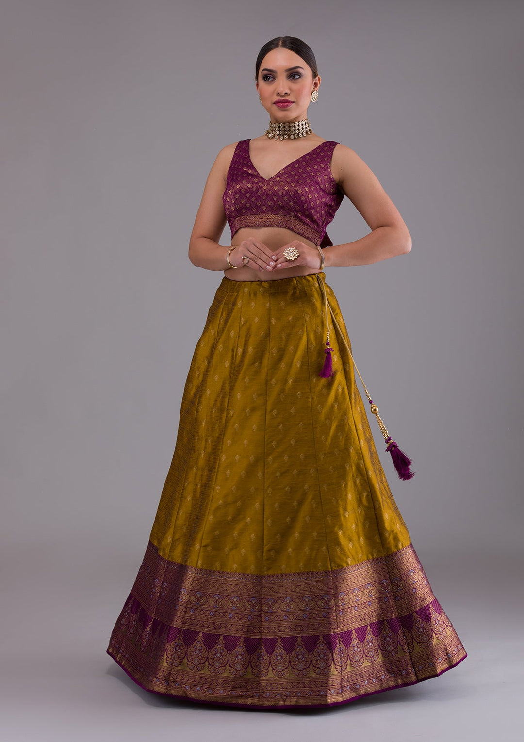 Mustard Zariwork Raw Silk Designer Lehenga-Koskii