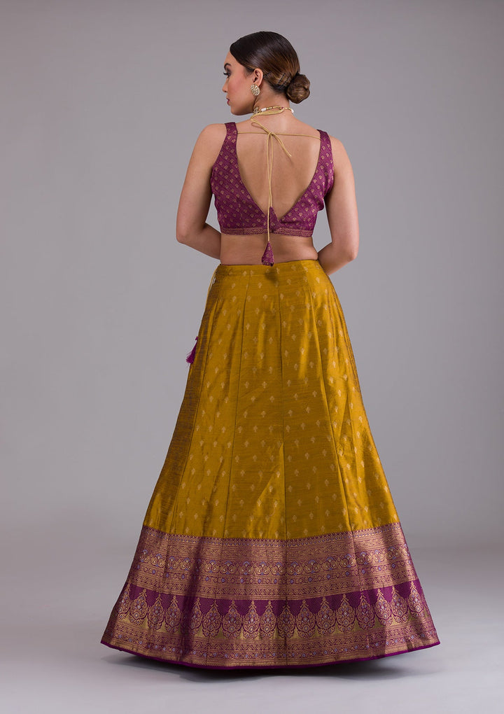Mustard Zariwork Raw Silk Designer Lehenga-Koskii