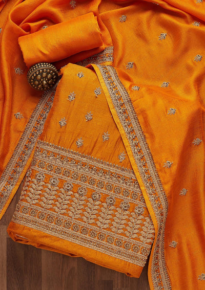Mustard Zariwork Raw Silk Unstitched Salwar Suit- Koskii