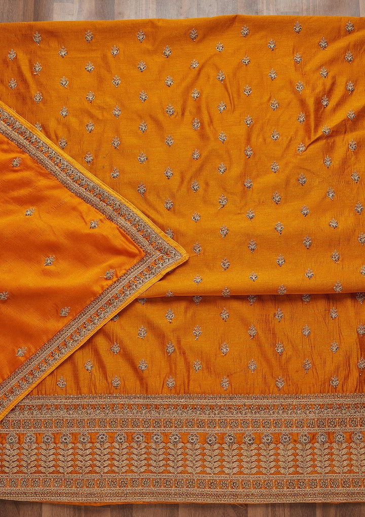Mustard Zariwork Raw Silk Unstitched Salwar Suit - Koskii