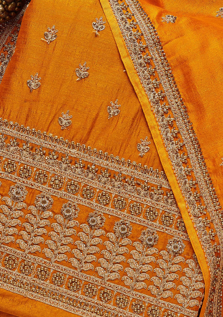 Mustard Zariwork Raw Silk Unstitched Salwar Suit - Koskii