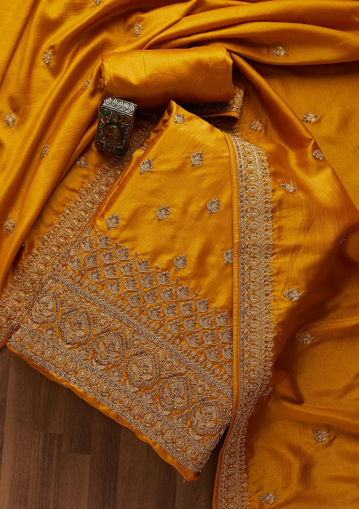 Mustard Zariwork Raw Silk Unstitched Salwar Suit-Koskii