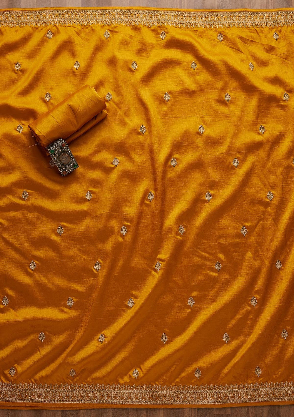 Mustard Zariwork Raw Silk Unstitched Salwar Suit-Koskii