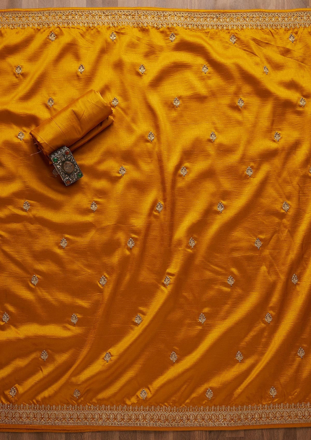 Mustard Zariwork Raw Silk Unstitched Salwar Suit-Koskii