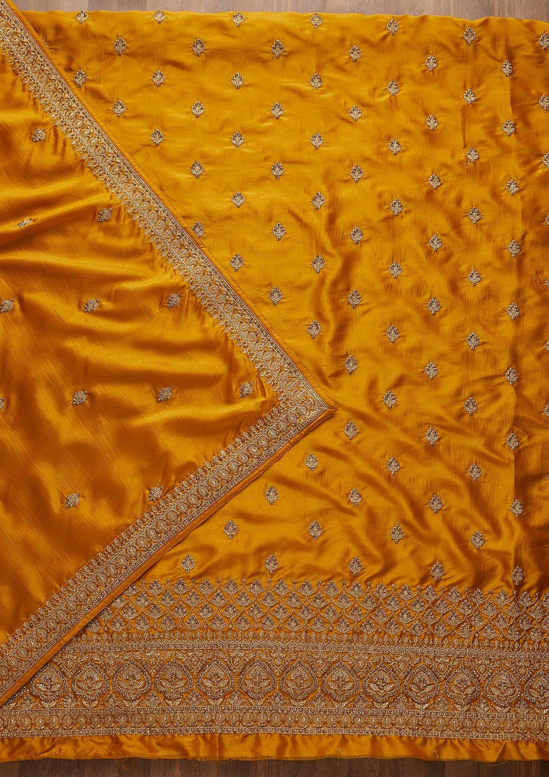 Mustard Zariwork Raw Silk Unstitched Salwar Suit-Koskii