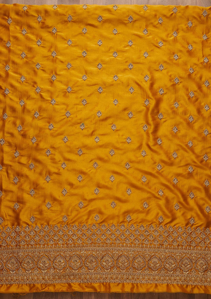 Mustard Zariwork Raw Silk Unstitched Salwar Suit-Koskii