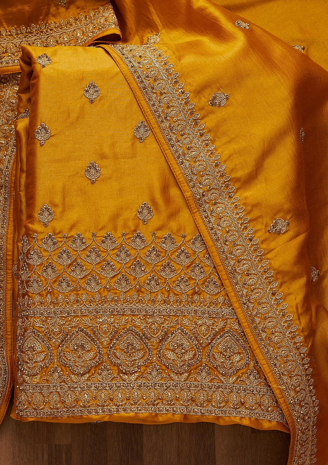 Mustard Zariwork Raw Silk Unstitched Salwar Suit-Koskii