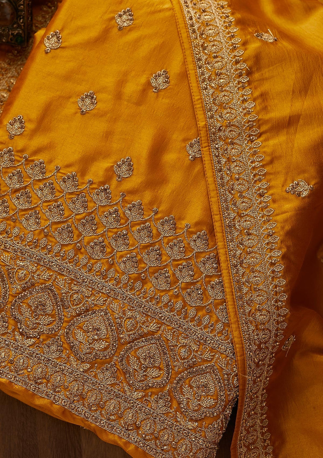 Mustard Zariwork Raw Silk Unstitched Salwar Suit-Koskii