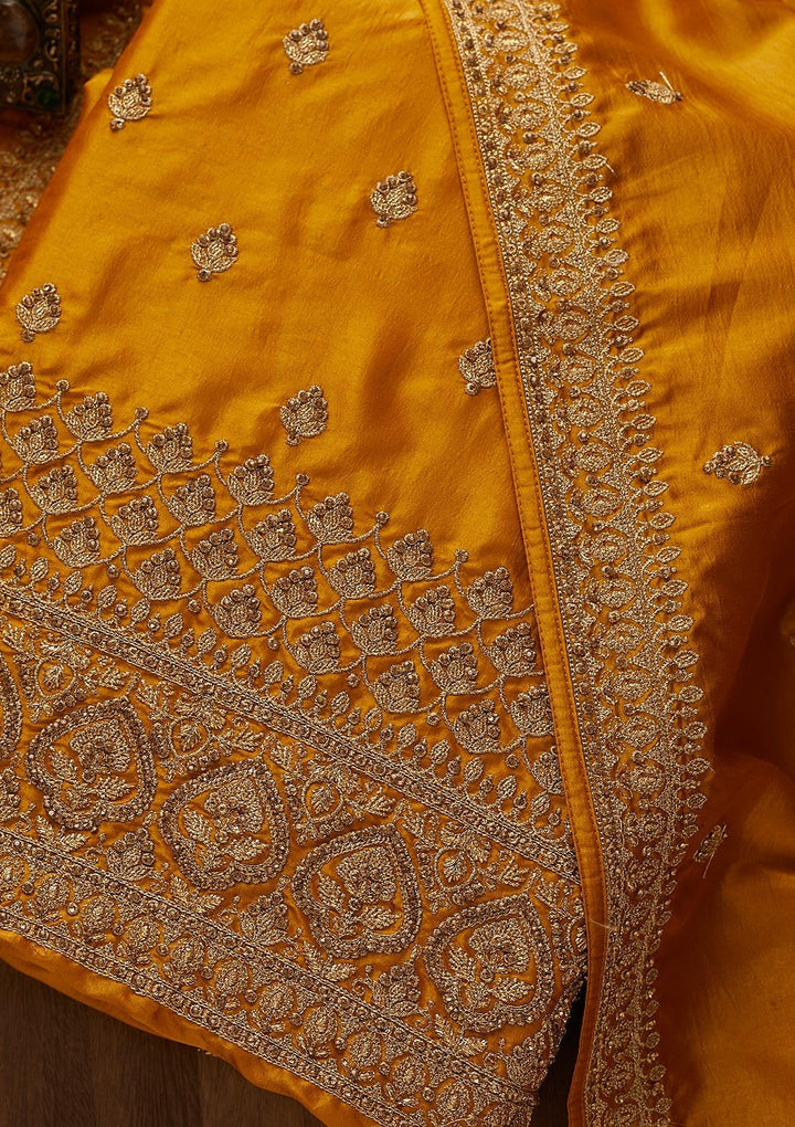 Mustard Zariwork Raw Silk Unstitched Salwar Suit-Koskii