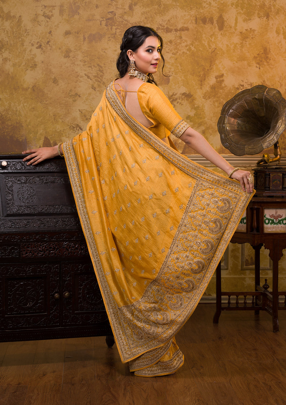 Mustard Zari Work Raw Silk Saree-Koskii