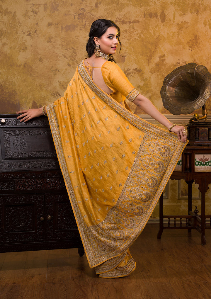 Mustard Zari Work Raw Silk Saree-Koskii