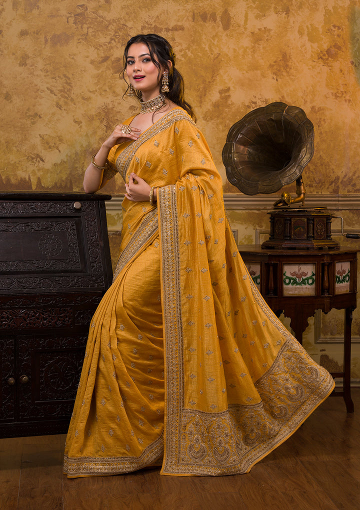 Mustard Zari Work Raw Silk Saree-Koskii