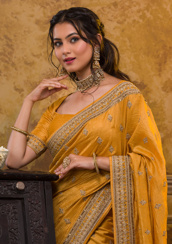Mustard Zari Work Raw Silk Saree-Koskii