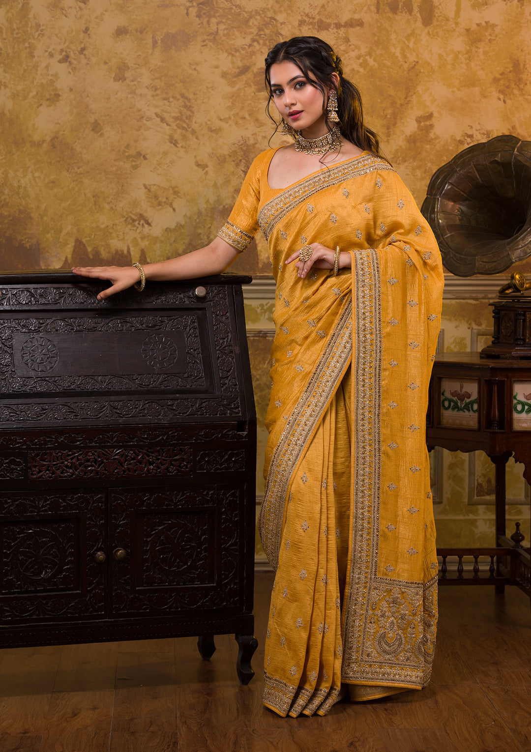 Mustard Zari Work Raw Silk Saree-Koskii
