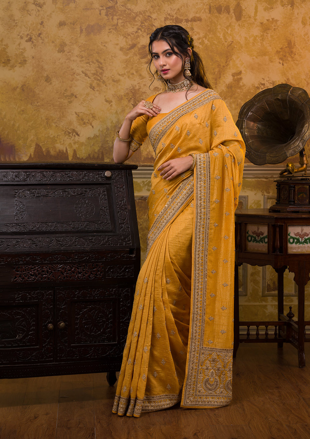Mustard Zari Work Raw Silk Saree-Koskii