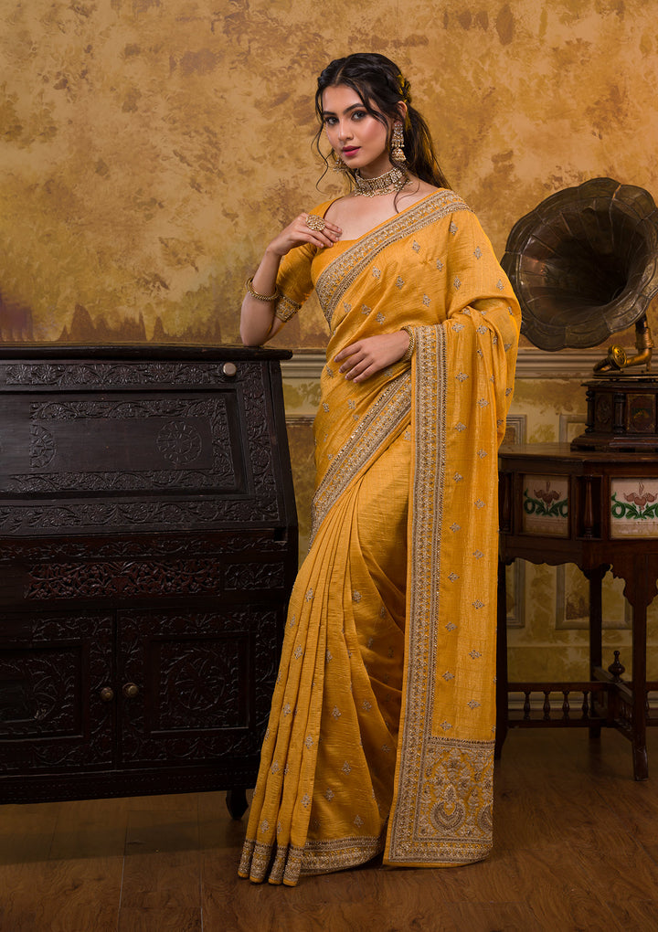 Mustard Zari Work Raw Silk Saree-Koskii