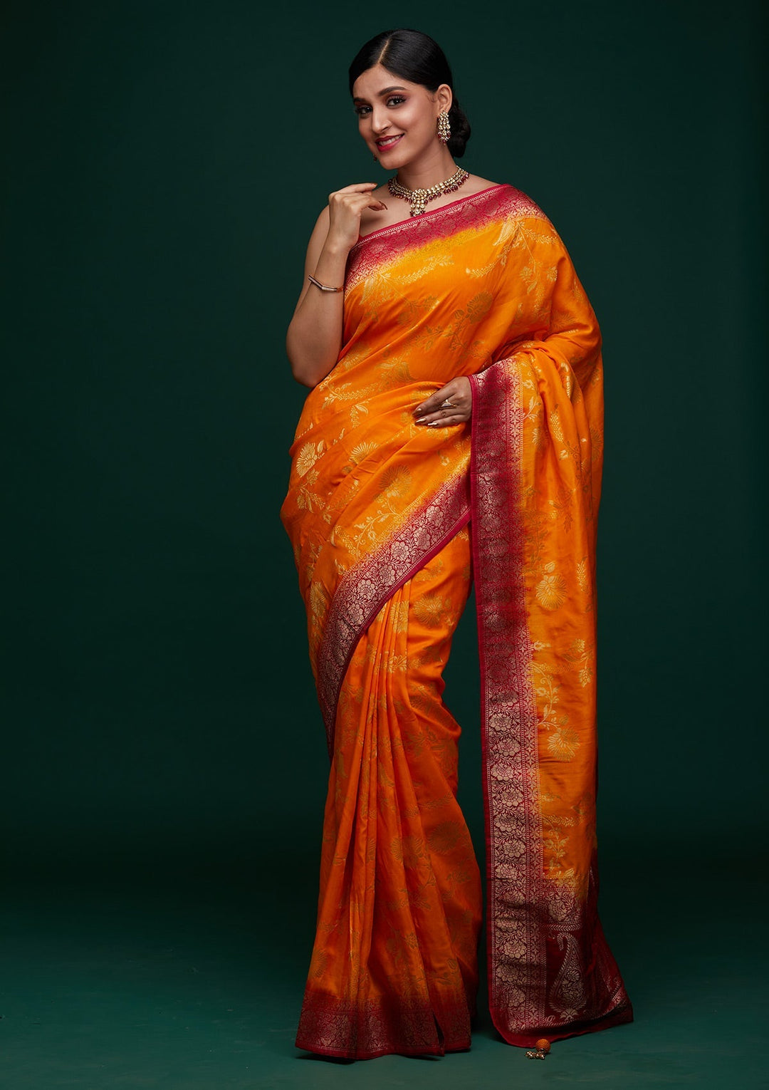 Mustard Zariwork Raw Silk Designer Saree - Koskii