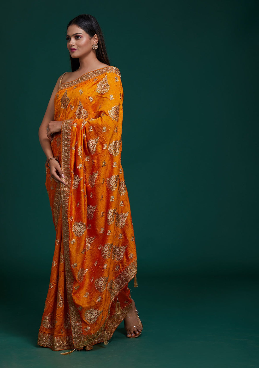 Mustard Zariwork Raw Silk Saree - Koskii