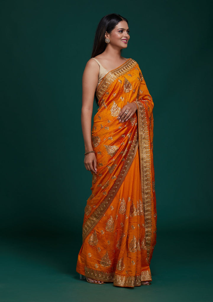 Mustard Zariwork Raw Silk Saree - Koskii