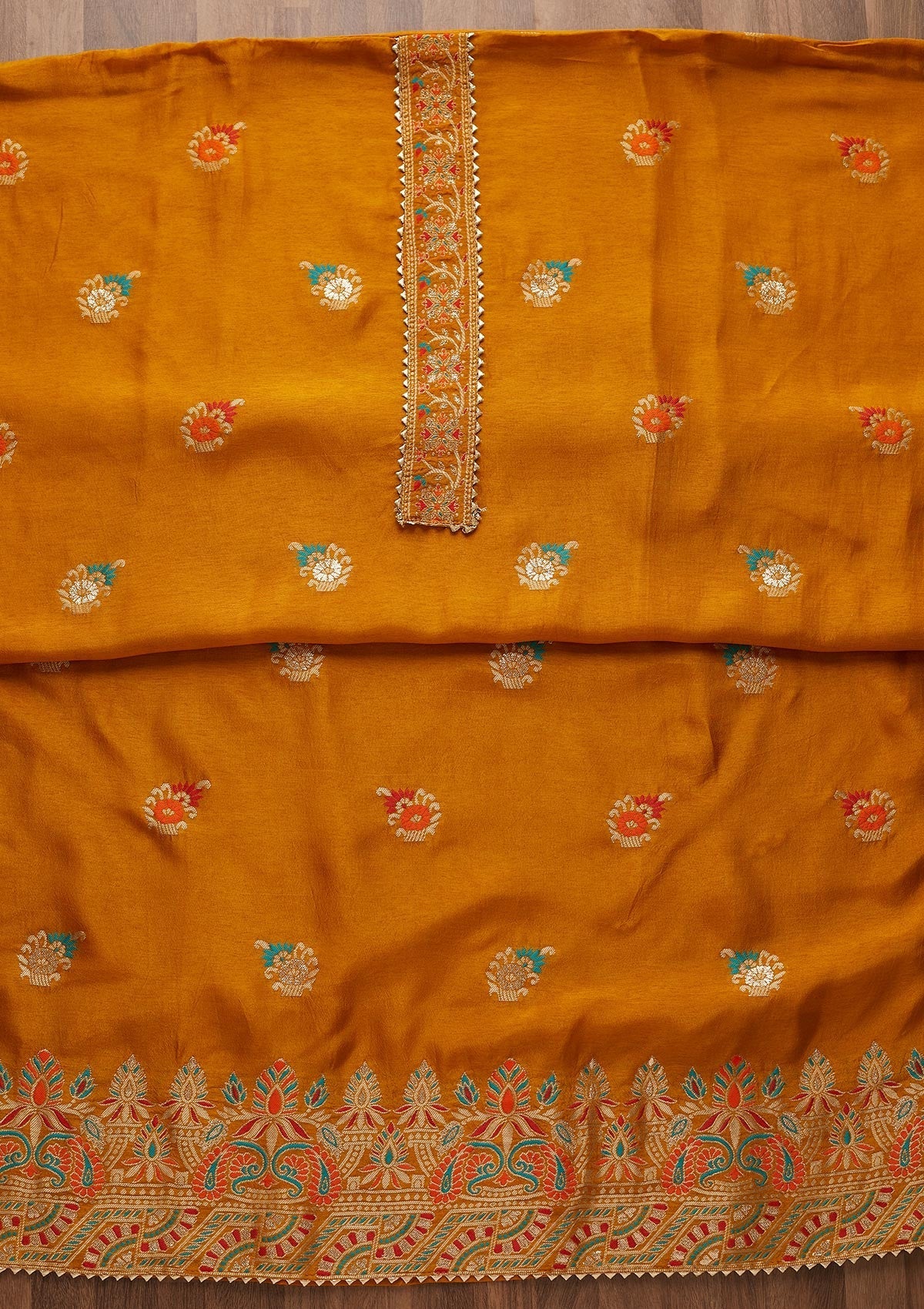 Mustard Zariwork Semi Crepe Semi-Stitched Salwar Suit-Koskii