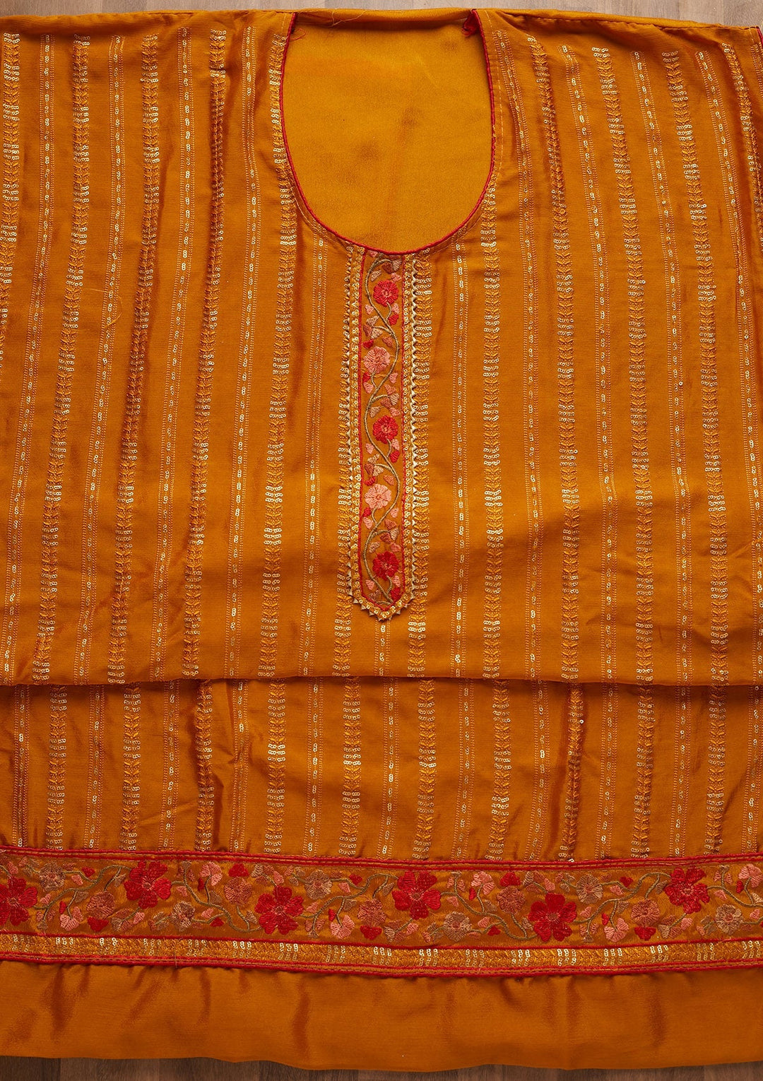 Mustard Zariwork Semi Crepe Unstitched Salwar Suit-Koskii