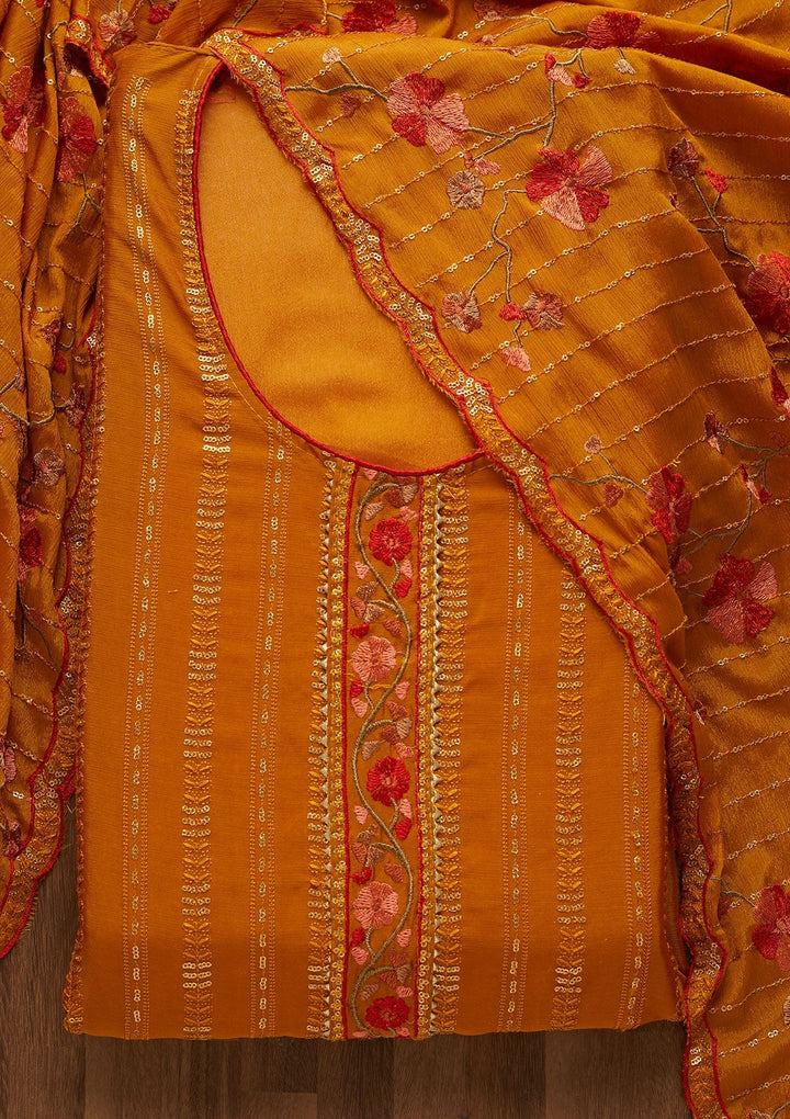 Mustard Zariwork Semi Crepe Unstitched Salwar Suit-Koskii