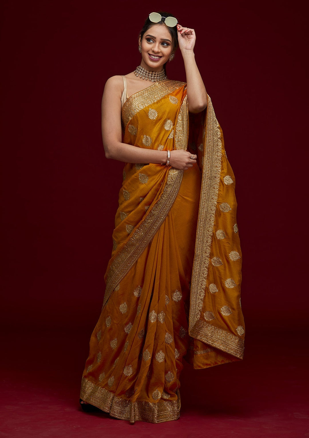Mustard Zariwork Semi Crepe Designer Saree- Koskii