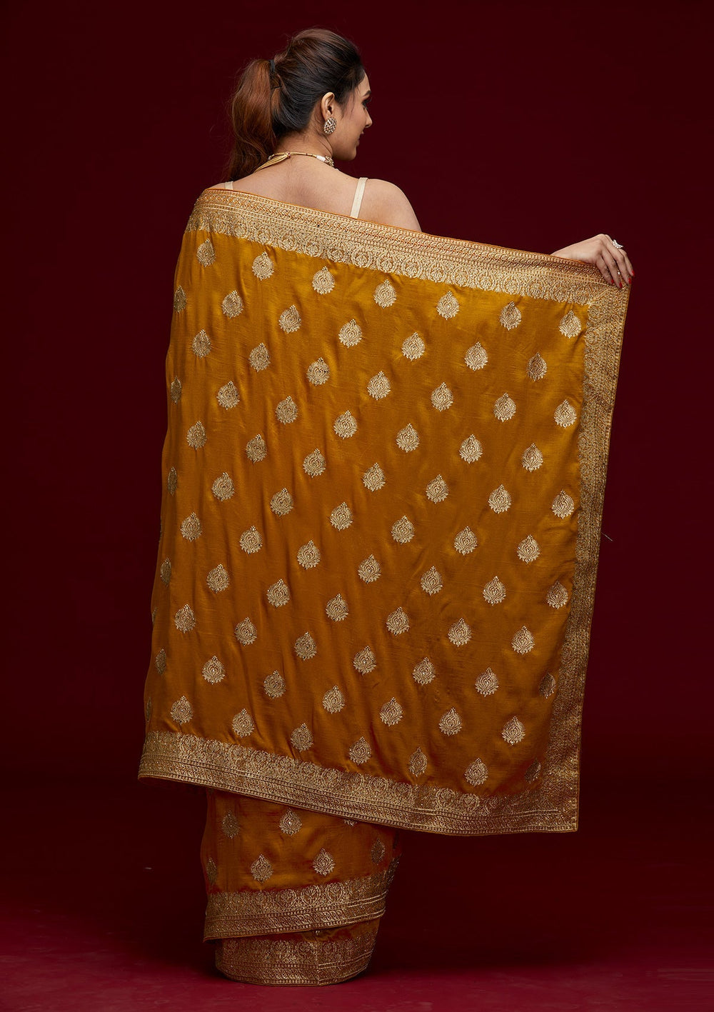 Mustard Zariwork Semi Crepe Designer Saree - Koskii