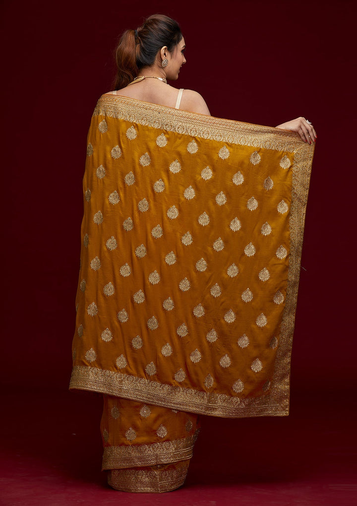Mustard Zariwork Semi Crepe Designer Saree - Koskii