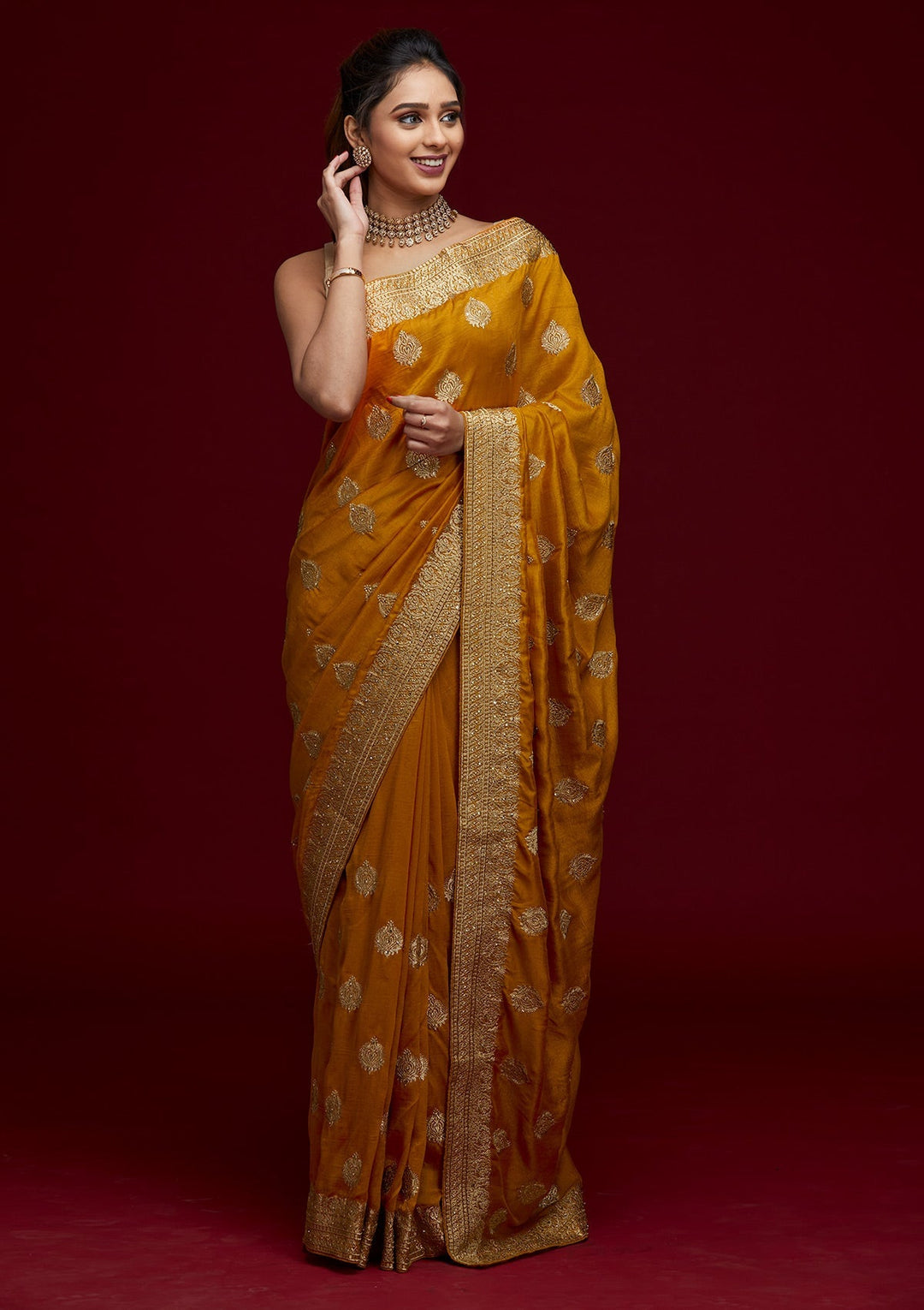 Mustard Zariwork Semi Crepe Designer Saree - Koskii