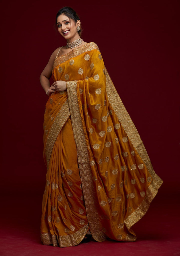 Mustard Zariwork Semi Crepe Designer Saree - Koskii