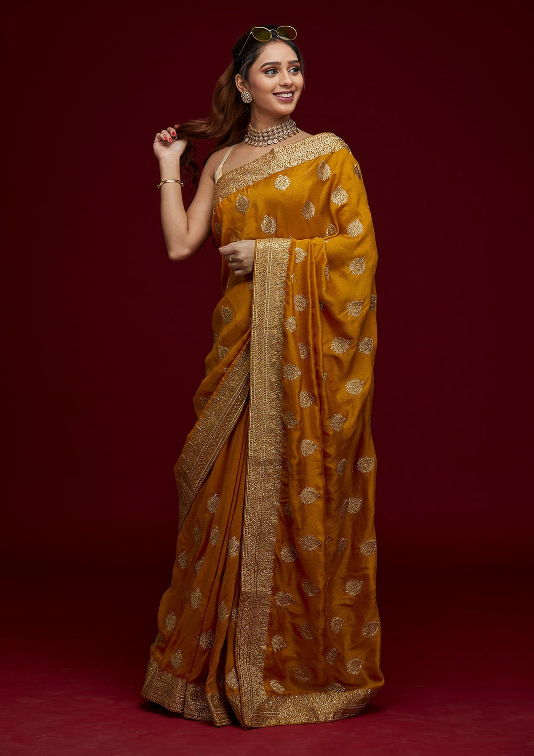 Mustard Zariwork Semi Crepe Designer Saree - Koskii