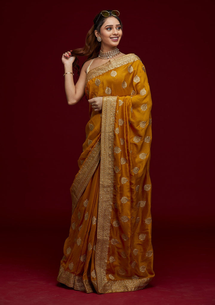 Mustard Zariwork Semi Crepe Designer Saree - Koskii