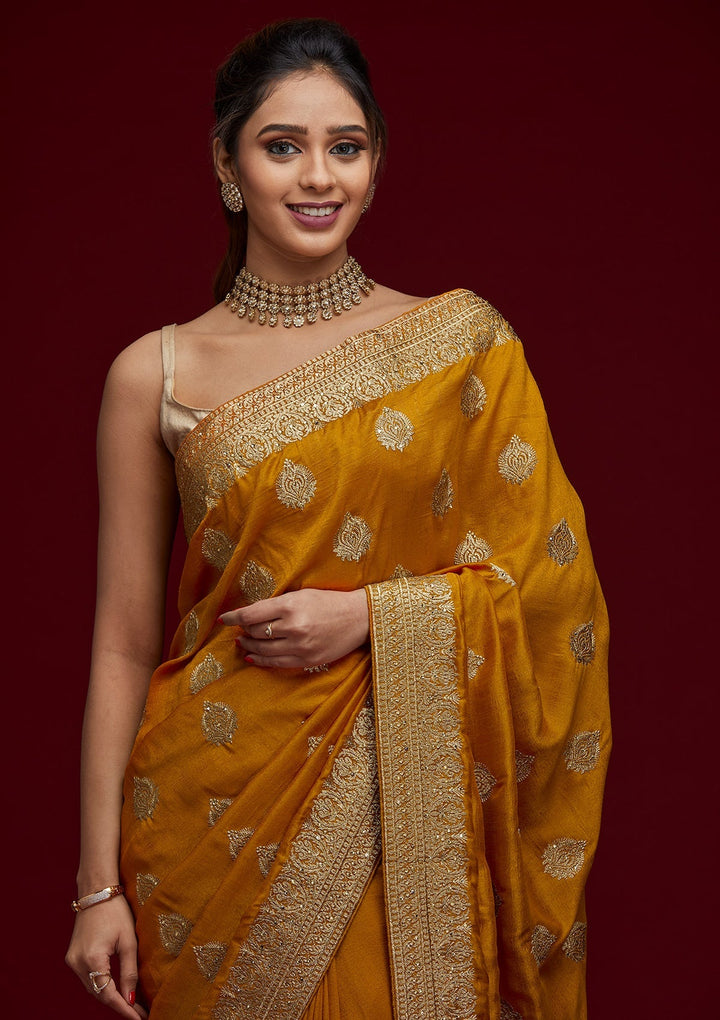 Mustard Zariwork Semi Crepe Designer Saree - Koskii