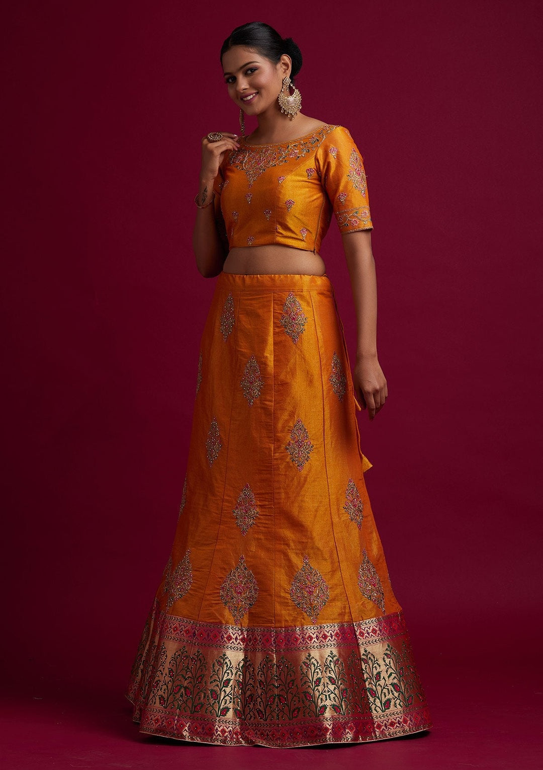 Mustard Zariwork Shimmer Designer Semi-Stitched Lehenga - koskii