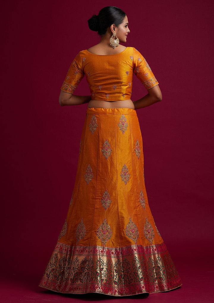 Mustard Zariwork Shimmer Designer Semi-Stitched Lehenga - koskii