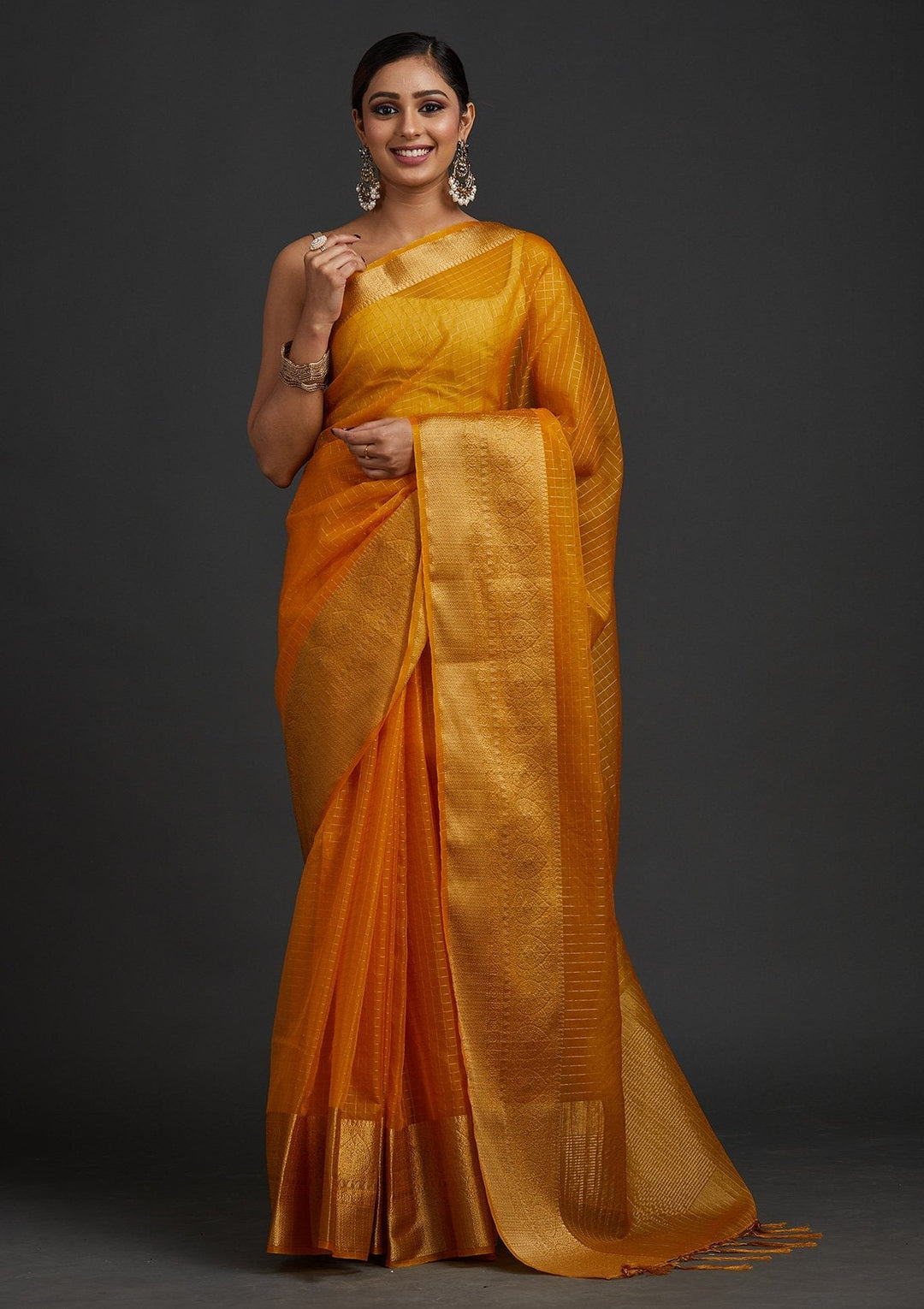 Mustard Zariwork Tissue Designer Saree - koskii
