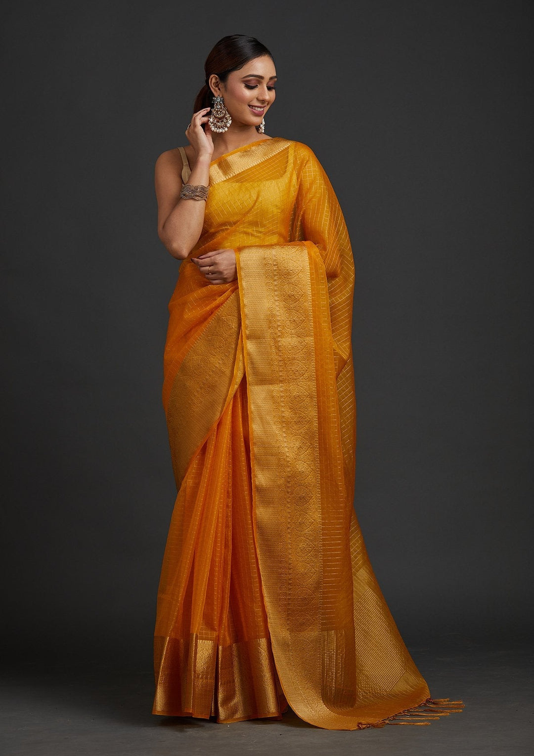 Mustard Zariwork Tissue Designer Saree - koskii
