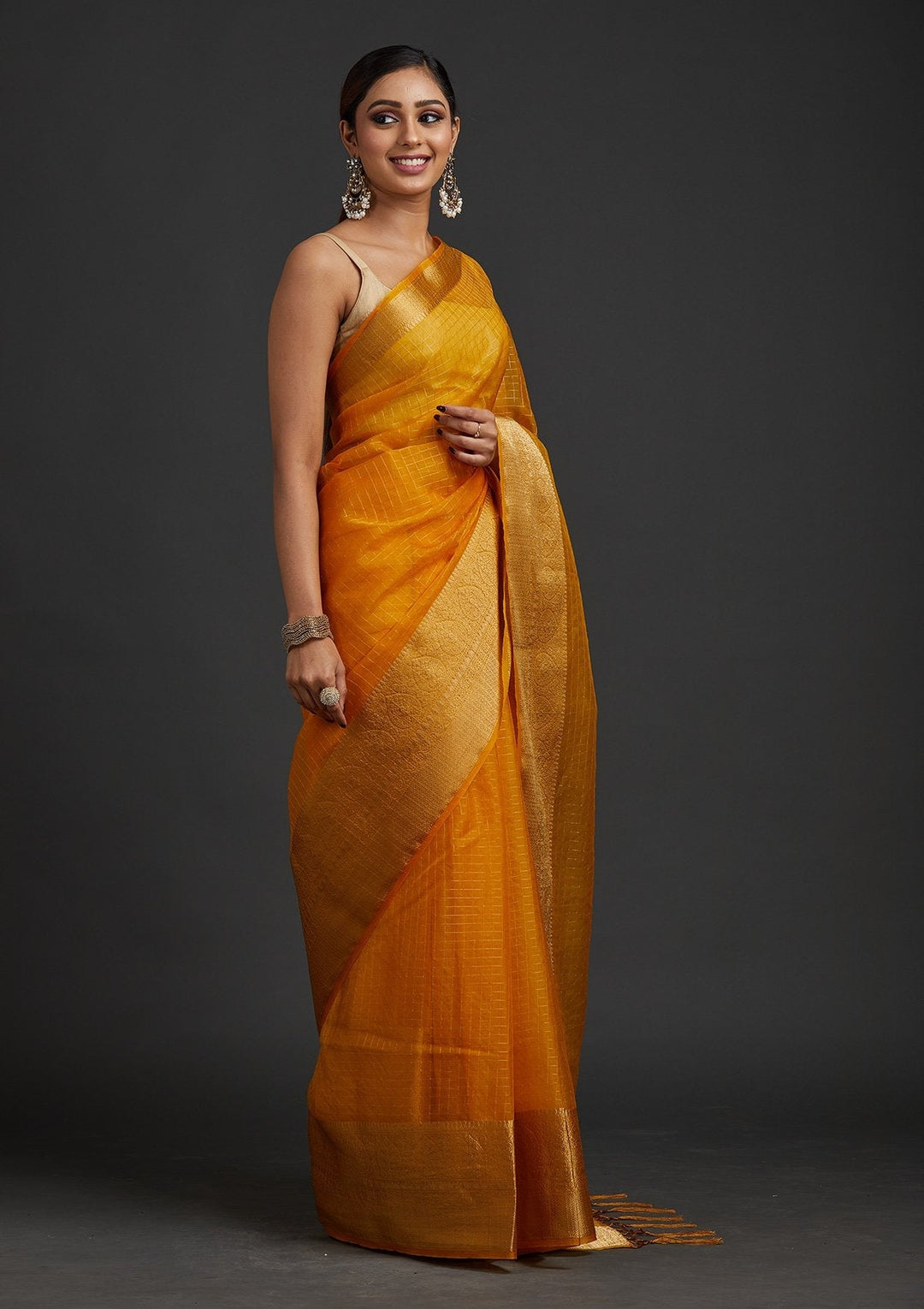 Mustard Zariwork Tissue Designer Saree - koskii