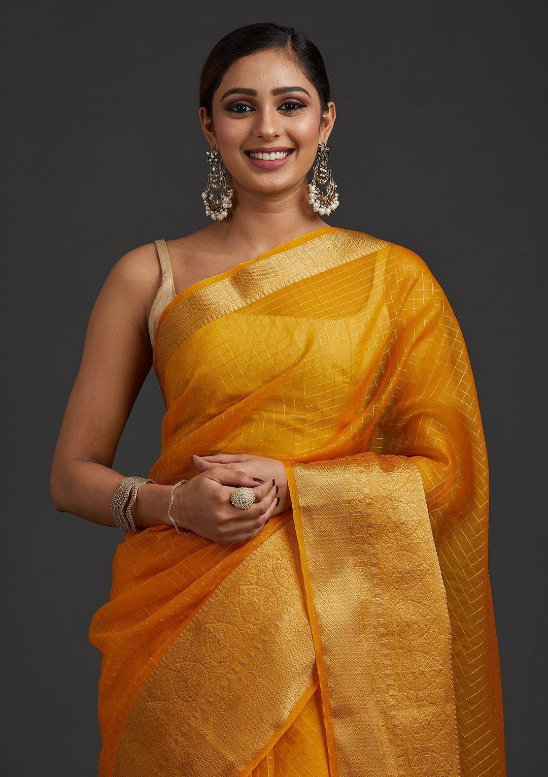 Mustard Zariwork Tissue Designer Saree - koskii