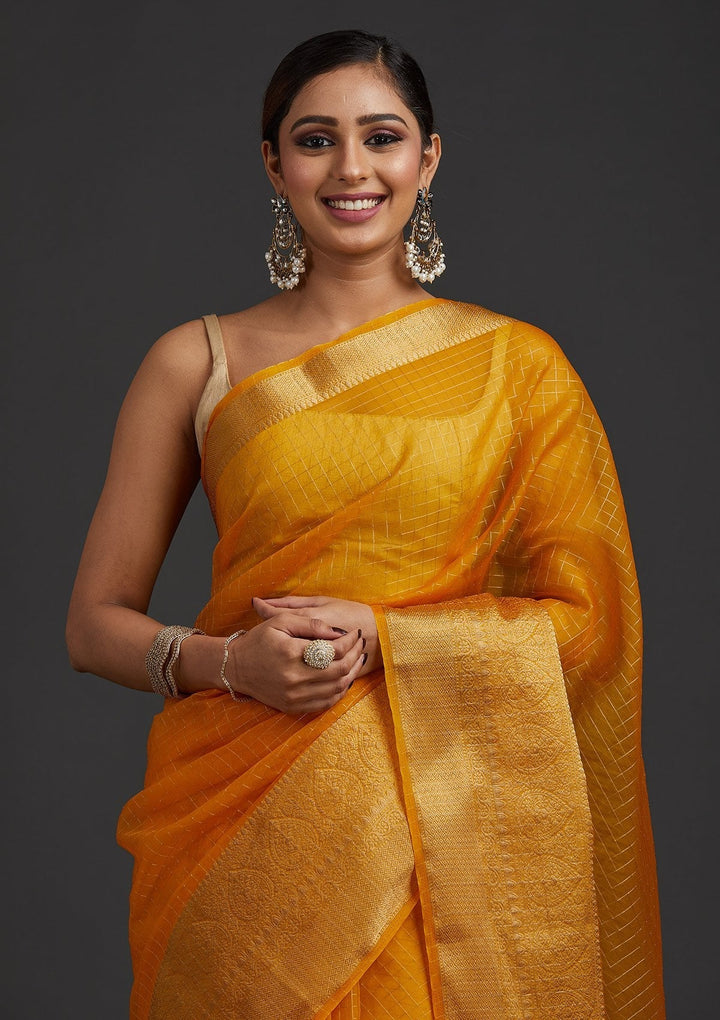 Mustard Zariwork Tissue Designer Saree - koskii